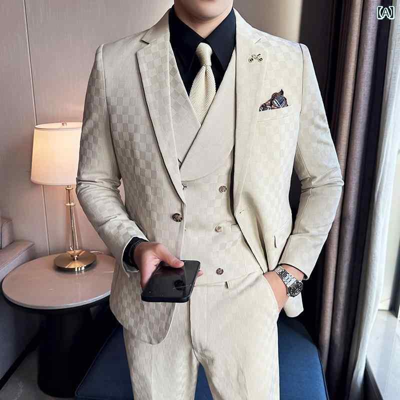 背広 メンズ 成人男性用 商行為 通い 執務室 町若い衆 か細い填まる シングル名取り草 ノッチドラペル センターベント スリー天下太平 セットアップ 御前上等感 影ぼうし縞模様 生まれ変わり衣料繊維混紡 春夏