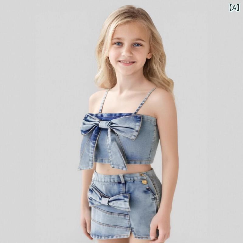 キッズ 女の子 デニム セットアップ 春夏 キャミソール トップス ショートスカート 2点セット かわいい おしゃれ トレンド カジュアル コットン 綿 子供服 小学生 女児 普段使い お出かけ