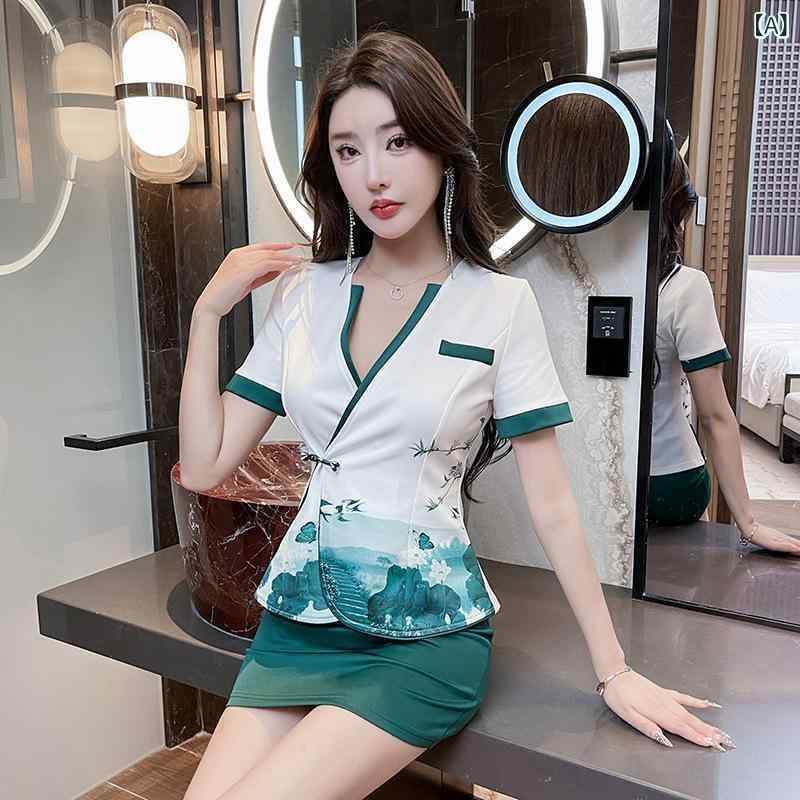 ユニフォーム 女性用 ホテル エステ サロン 施術着 フットケア スパ サウナ 体型カバー スリムフィット 半袖 Vネック ロングパンツ 吸湿速乾 上品 春夏秋 グリーン系