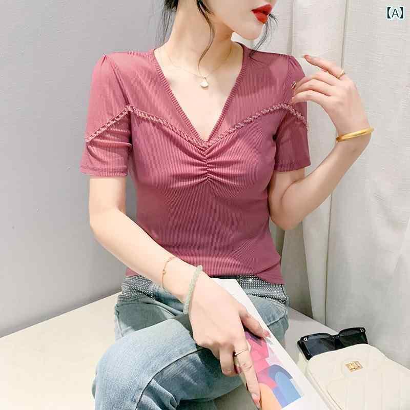 Tシャツ レディース ギャザー Vネック 半袖 ビーズ メッシュ シアー 透け感 切り替え カジュアル きれいめ 通勤 オフィスカジュアル 上品 普段使い スパンデックス トップス 夏