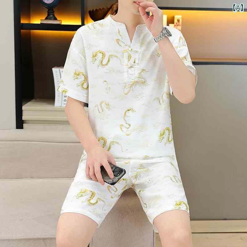 セットアップ メンズ 半袖Tシャツ トップス ショートパンツ ハーフパンツ チャイナ風 春夏 ナイロン 化学繊維混紡 カジュアル 普段着