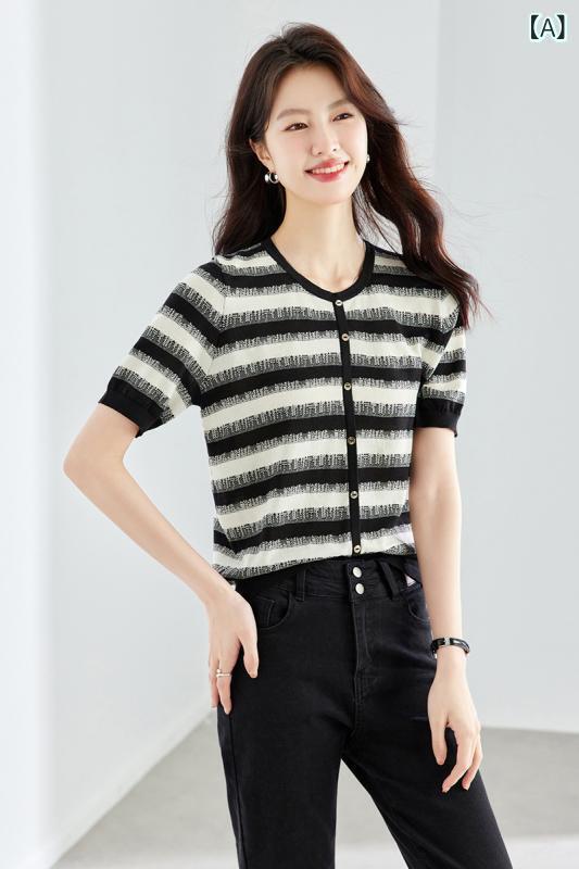 ニットTシャツ レディース テンセル ビスコース ストライプ柄 丸首 半袖 薄手 ゆったり 細見え 春夏 通勤 オフィス カジュアル 普段使い ショート丈 切り替え ブラック