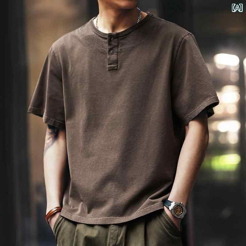 Tシャツ メンズ 男性用 アメカジ アメリカンレトロ ゆったり ルーズフィット ビッグシルエット 半袖 丸首 クルーネック 純綿 コットン 無地 薄手 シワになりにくい 夏 カジュアル 普段使い