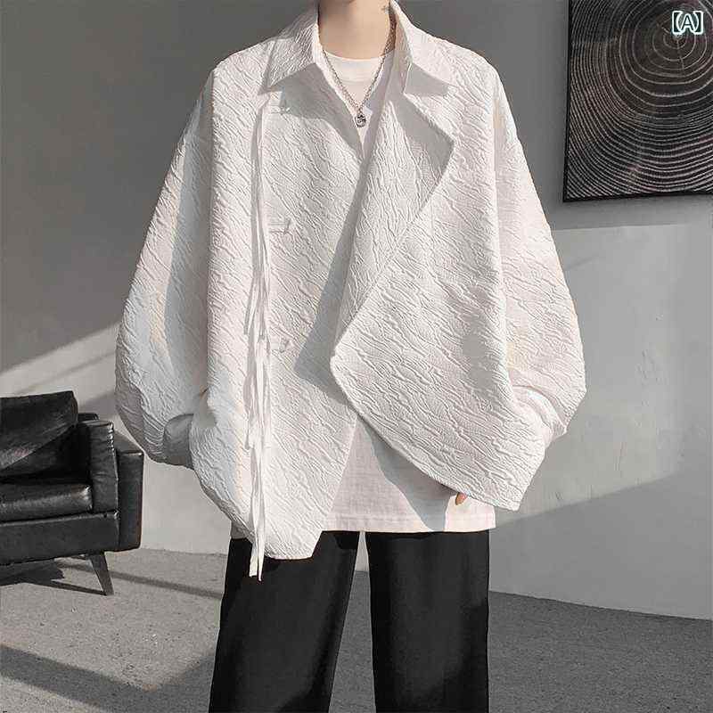 シャツ メンズ 男性用 春夏 高級感 テクスチャー 白 クール シック 新チャイナ風 中華風 大きいサイズ ゆったり ビッグシルエット 長袖 トップス 綿混 ポリエステル