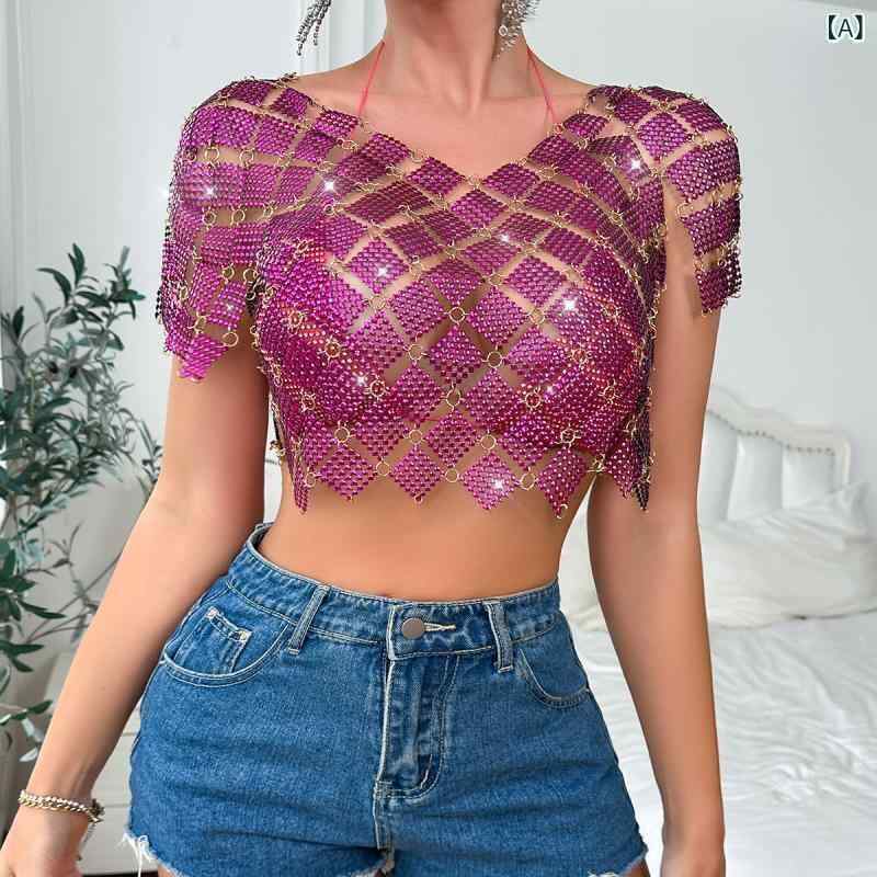 レディース Tシャツ トップス 半袖 クロップド丈 ショート丈 Vネック 透け感 シアー フィッシュネット 網目 スリムフィット パープル 紫 欧米風 ストリート カジュアル フェス ダンス 春夏