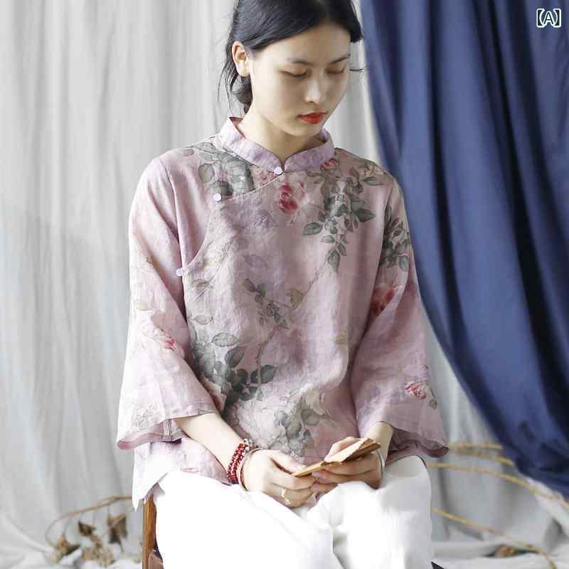 シャツ レディース 春夏 レトロ チャイナ風 中華風 ゆったり リラックスフィット スタンドカラー ラミー 麻 デジタルプリント チャイナボタン 七分袖 トップス ライトパープル カジュアル 普段使い