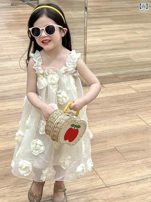 ワンピース 女の子 夏 韓国風 立体 ローズモチーフ 白 高級感 ノースリーブ プリンセスライン トレンド 綿 コットン 柔らかな肌触り キャミソール 小学生 幼児