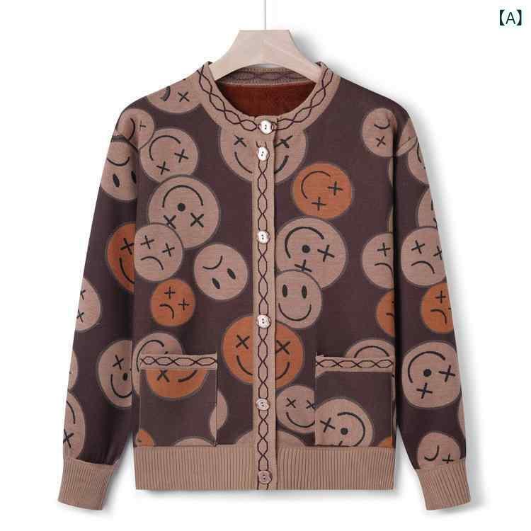 ニットカーディガン レディース 婦人服 ミセス シニア カジュアル 裏起毛 厚手 秋冬 上品 ゆったり ラウンドネック 長袖 花柄プリント エレガント 通勤 オフィス 普段使い ポリエステル素材