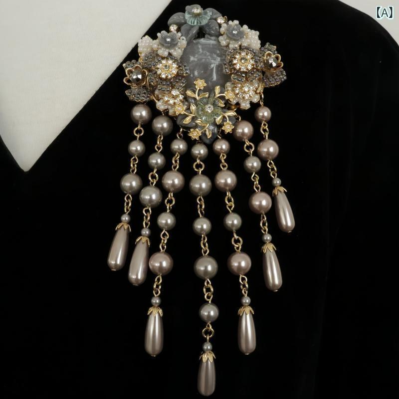 ブローチ レディース 女性用 欧米風 レトロ ハンドメイド 手編み タッセル フリンジ フラワーモチーフ 花飾り ロング丈 個性的 ユニーク 合金製 電気メッキ加工 高級感 エレガント パーティー 記念日 ギフト