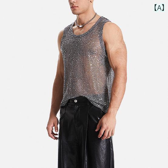 タンクトップ メンズ 男性用 春夏 スパンコール メッシュ シースルー セクシー 凝ったデザイン ナイトクラブ ポリエステル 薄手 クルーネック シルバー ブラック 欧米風