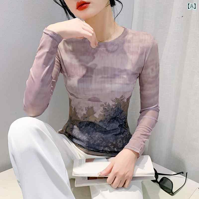 シアーメッシュカットソー レディース 秋冬 花柄プリント 長袖 ラウンドネック スリム 痩せ見え 上品 きれいめ オフィス 通勤
