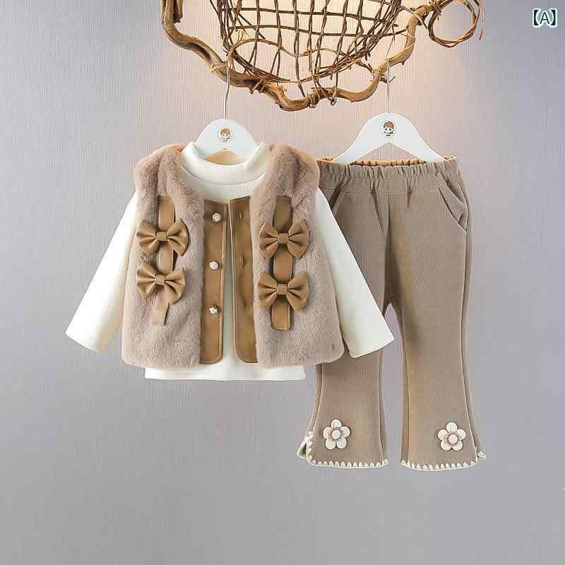 ベビー服 キッズ 女の子 秋冬 ふわふわ ベスト 中綿ジャケット ロングパンツ 3点セット 防寒 保温 綿 ダークカーキ お出かけ カジュアル