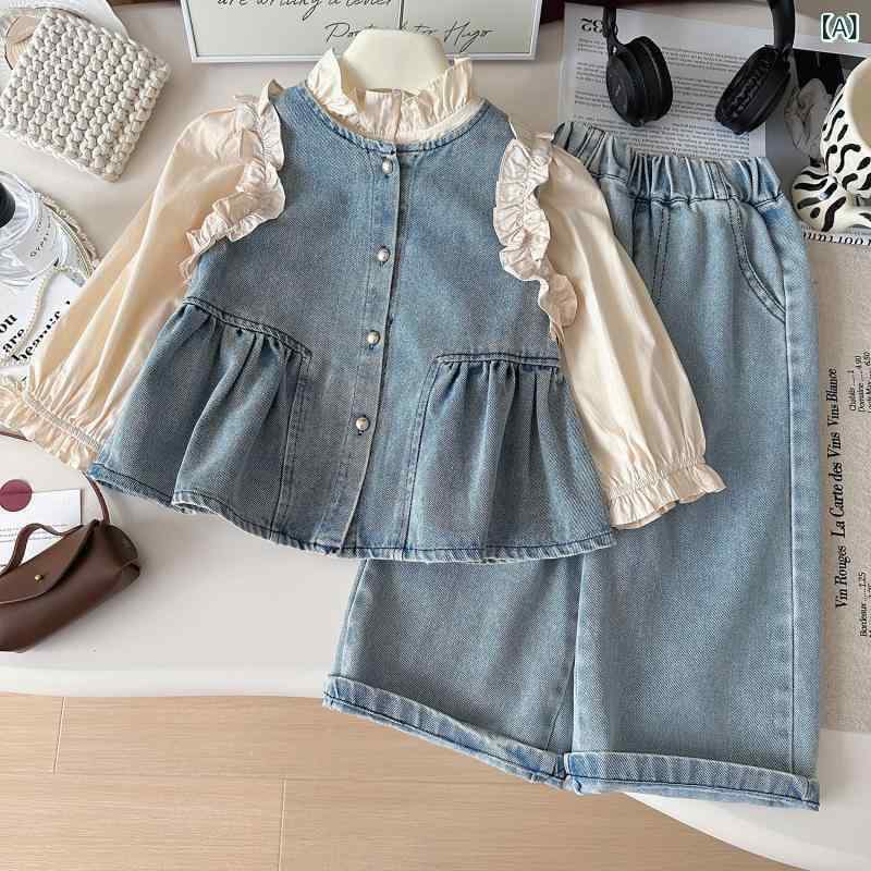 子供服セット 女の子 キッズ スリーピース 3点セット 秋冬 おしゃれ カジュアル 可愛い 長袖 シャツ トップス デニム ベスト ジレ ロングパンツ ズボン 普段使い お出かけ 通園 コットン