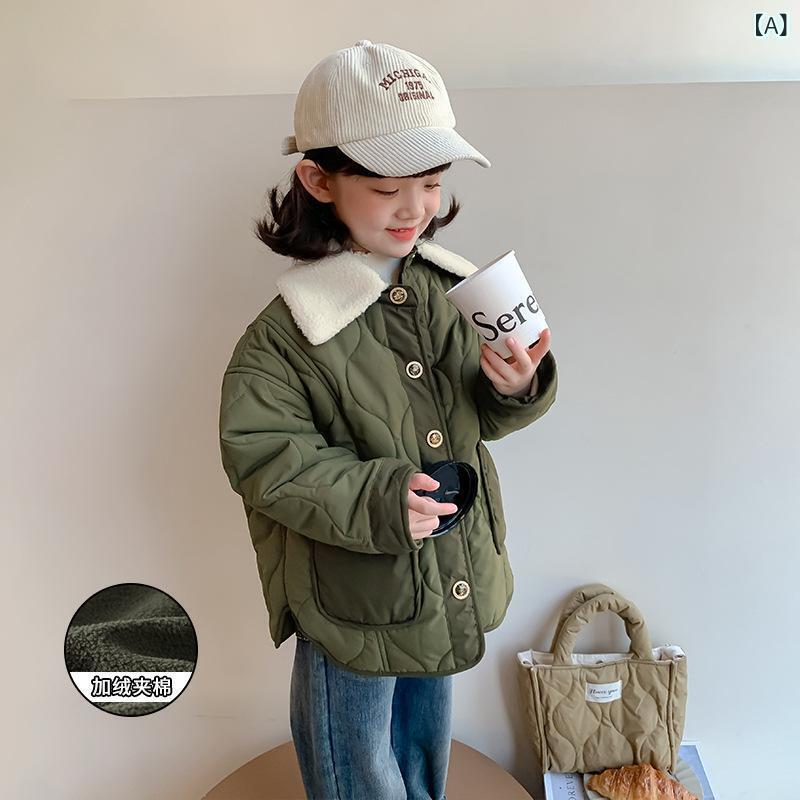 中綿ジャケット 女の子 ガールズ キッズ 子供服 厚手 防寒 保温 アウター 無地 襟付き ボタン開閉 韓国風 カジュアル かわいい グリーン 秋冬