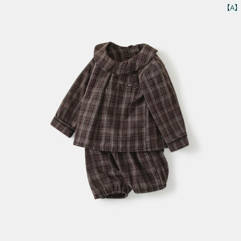 ベビー服 女の子 赤ちゃん服 幼児服 春夏 チェック柄 長袖トップス ショートパンツ 2点セット レトロ フリル襟 ブラウン コットン やわらか おしゃれ かわいい 韓国風 普段使い お出かけ
