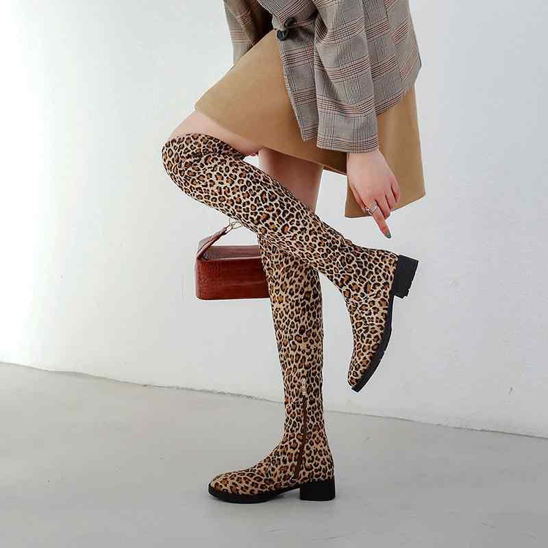 ブーツ レディース ニーハイ丈 ロング丈 スエード ヒョウ柄 ラウンドトゥ ローヒール 太ヒール サイドジップ 美脚 細身 秋冬 欧米風 カジュアル