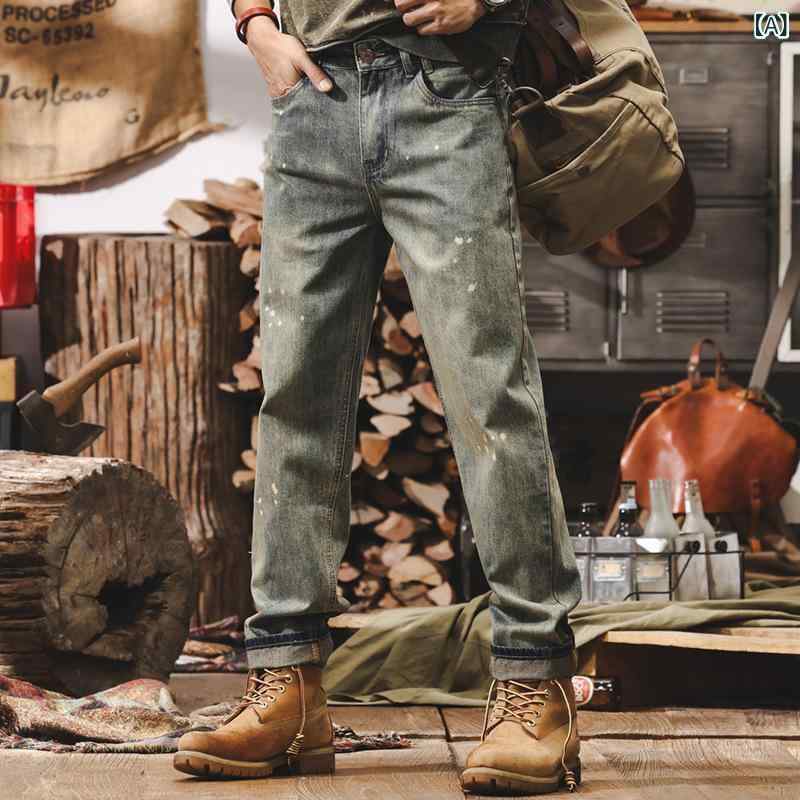 デニムパンツ メンズ ジーンズ アメリカンヴィンテージ アメカジ 黄泥染め ダメージ加工 ユーズド加工 スプラッシュペイント ペンキ加工 ルーズ ストレート ゆったり 薄手 コットン カジュアル 普段使い 春秋 ブルー系