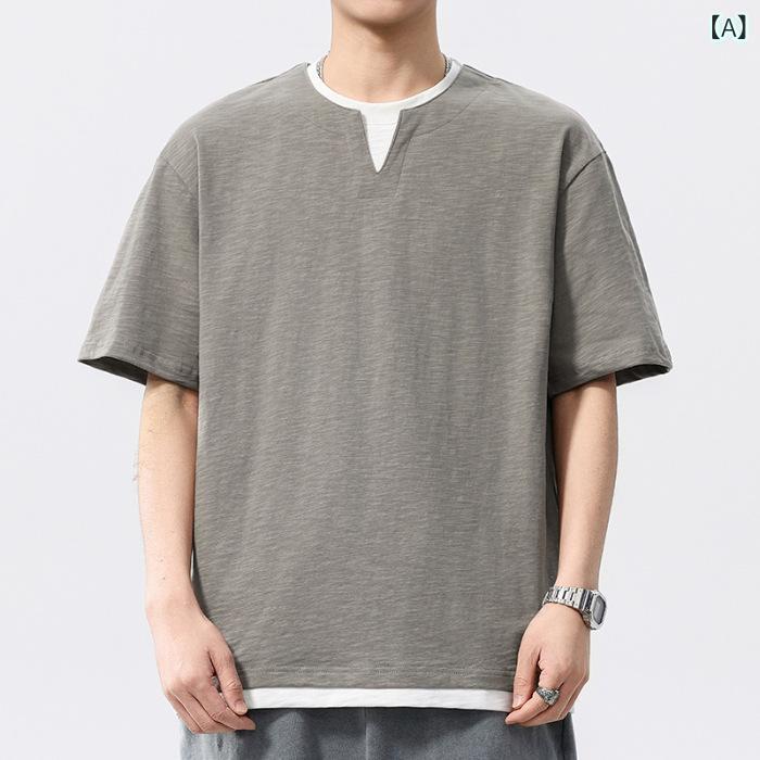 Tシャツ メンズ 男性用 半袖 スラブコットン 綿 テクスチャ感 重ね着風 フェイクレイヤード ダブルネック クルーネック ゆったり リラックスフィット 吸湿速乾 夏 普段使い デイリーユース 切り替えデザイン トップス