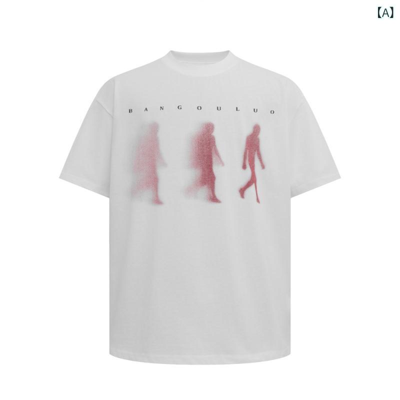Tシャツ メンズ 人影プリント ストリート カジュアル ビッグサイズ 五分袖 夏服 アメリカン 綿混 クルーネック ルーズフィット 通気性 ホワイト ダークグレー