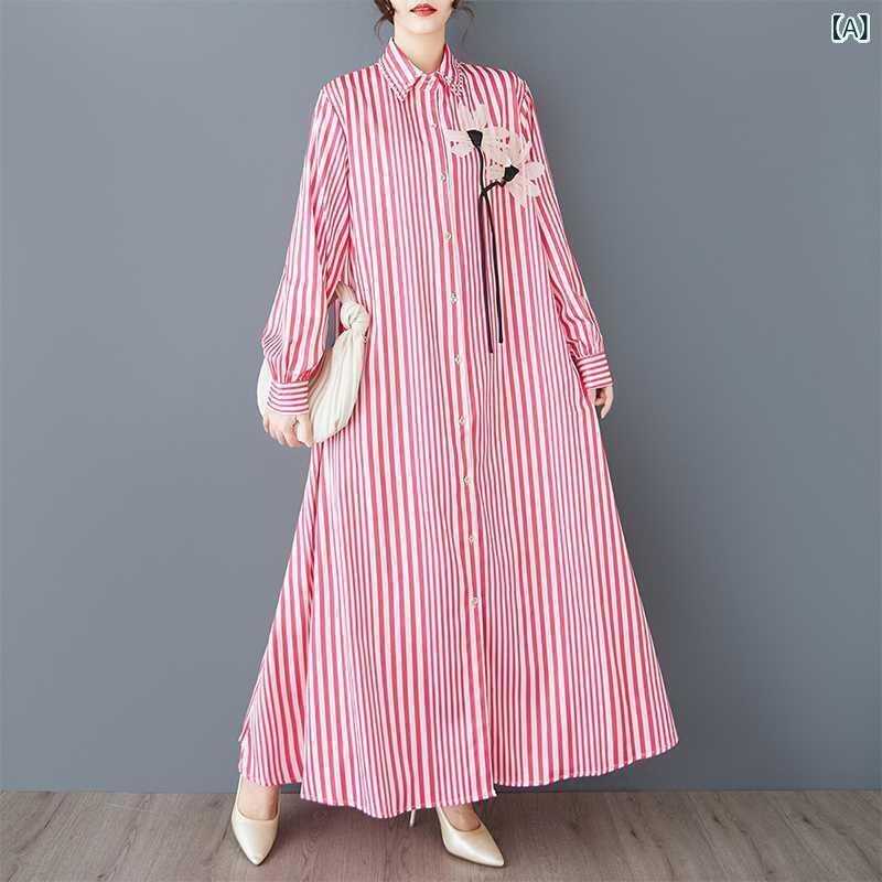 シャツワンピース レディース 春夏 ストライプ柄 花柄 綿麻素材 ゆったり ロング丈 Aライン カジュアル ナチュラル フェミニン デイリーユース 大きいサイズ