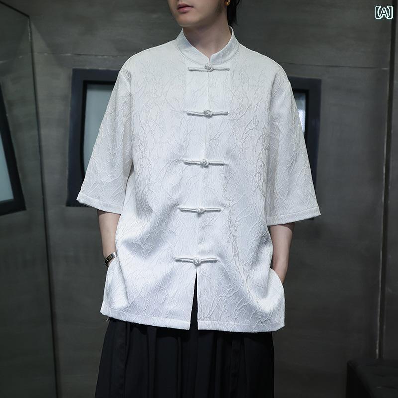 シャツ メンズ 男性用 中国風 唐装 漢服 チャイナボタン ジャカード 半袖 レトロ ヴィンテージ 大きいサイズ ゆったり リラックスフィット ポリエステル 春夏 白 黒