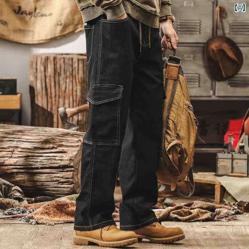 ジーンズ メンズ 男性用 アメリカンヴィンテージ アメカジ トレンド ゆったり ストレート カーゴパンツ 多ポケット ウォッシュ加工 コットン ミッドウエスト 春秋 ロング丈 カジュアル 普段使い ブラック ブルー 色落ちしにくい