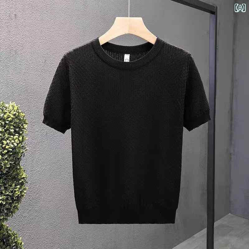 Tシャツ メンズ 透かし編み 接触冷感 クルーネック ニット 半袖 薄手 ノーアイロン カジュアル 普段使い 大人カジュアル 春夏 通気性 快適