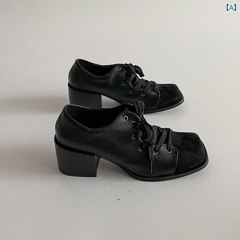 メリージェーンシューズ レディース 春夏 スクエアトゥ レースアップ 切り替え 太ヒール レトロ クラシック 韓国ファッション 個性的 合成皮革 フェイクレザー パンプス 通勤 オフィス デイリー 普段使い