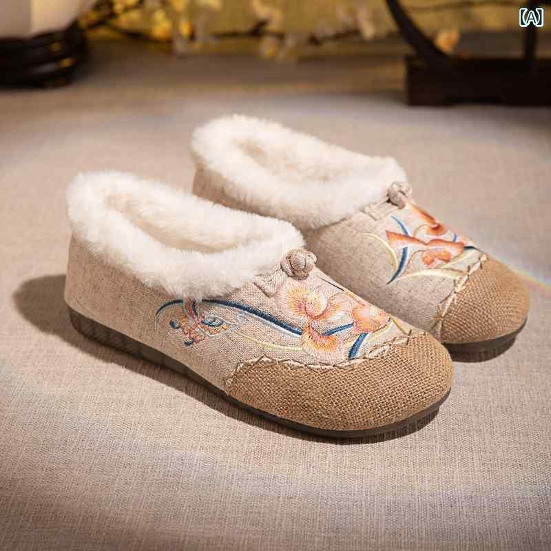 布靴 レディース 女性用 秋冬 裏起毛 ボア ソフトソール スリッポン 花柄刺繍 レトロデザイン 暖かい 防寒 快適 らくちん 普段使い
