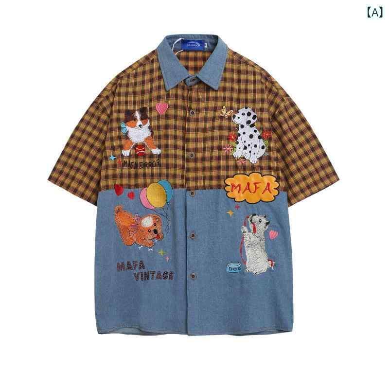 シャツ ユニセックス 半袖 デニム アメリカン レトロ カートゥーン 刺繍 切り替え ゆったり オーバーサイズ ストリート カジュアル カップル ペア 綿 通気性 イエロー 春夏