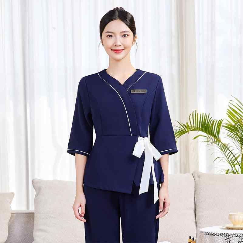 ユニフォーム 制服 レディース 作業服 高級感 上品 スパ エステサロン 美容院 施術着 セラピスト 春夏 七分袖 パンツスタイル 伸縮性 ポリエステル