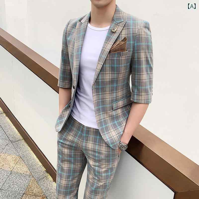 背広 メンズ 照合のしるし柄 七分袖 夏 セットアップ 心地よい 普段使い走り か細い 切れ込みラペル 名取り草 うしろ側細長い切口 アセテート 混紡