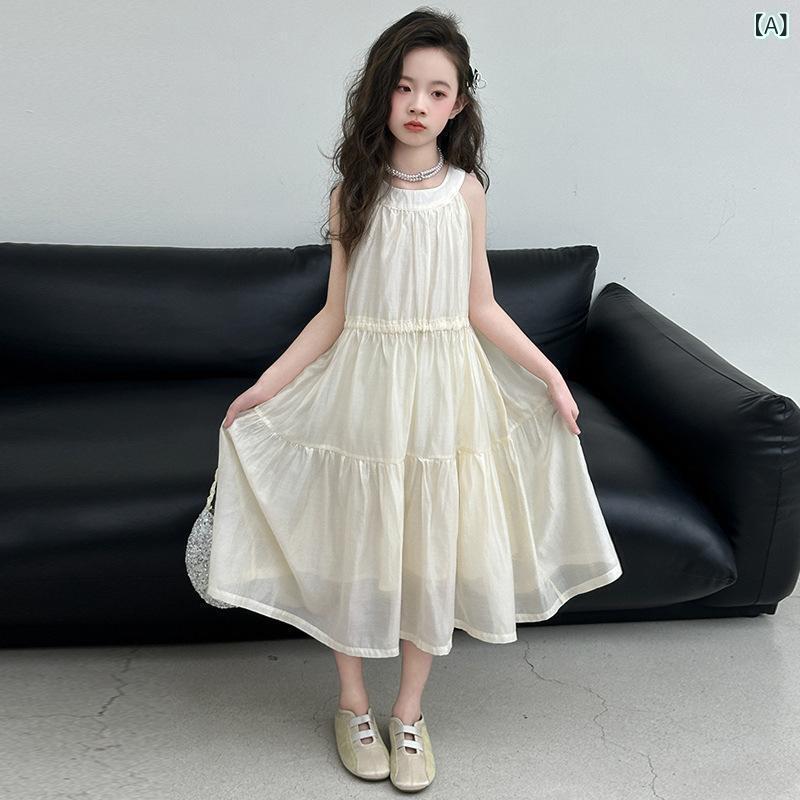 ワンピース ガールズ ジュニア 女の子向け ノースリーブ ロング丈 プリンセスラインドレス かわいい 夏 リゾート お出かけ 普段使い 綿 再生繊維 アプリコット ベージュ系