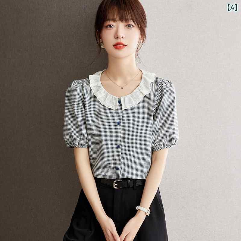 シャツ レディース 女性用 フレンチ レース チェック柄 パフスリーブ 半袖 ラウンドネック 切り替え 上品 高級感 綿 コットン 伸縮性 通勤 オフィス カジュアル 夏