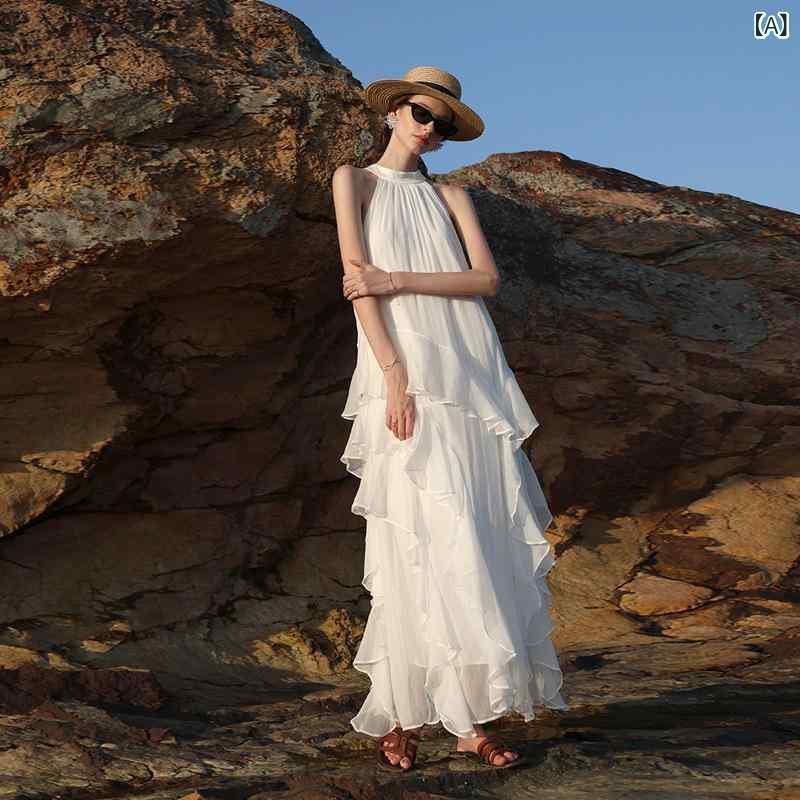 ワンピース ホルターネック ギリシャ 女神風 ビーチ リゾート 夏 ボヘミアン 高級感 ドレープ 軽やか シフォン ティアード ロング ノースリーブ ホワイト ゆったり 無地 アシンメトリー 切り替え
