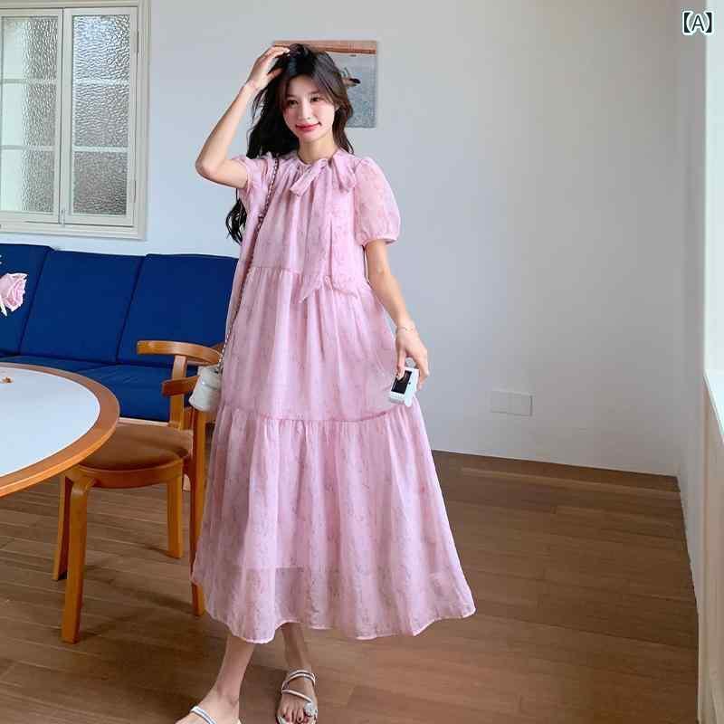 ワンピース レディース かわいい 花柄 プリント フレンチスタイル 上品 フェミニン プリンセス風 リボン パフスリーブ Aライン ロング丈 ラウンドネック ショートスリーブ ピンク TR素材 春夏