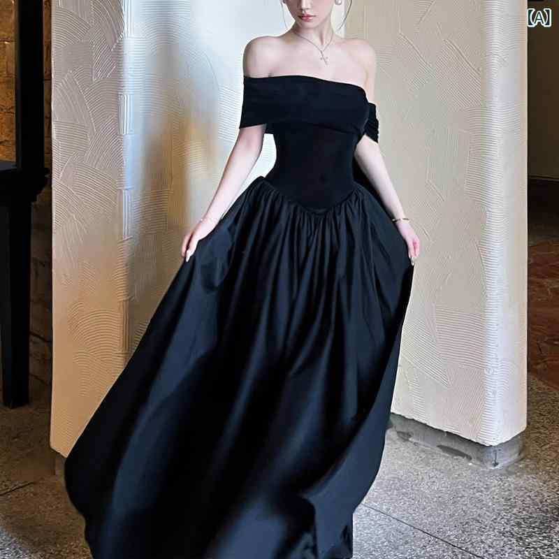 ワンピース レディース フレンチヘップバーン風 オフショルダー リボン切り替え Aライン フレア ショート丈 ノースリーブ ハイウエスト ドット柄 ブラック 春夏 着痩せ エレガント 大人女子 上品 ポリエステル素材