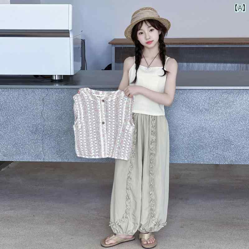 子供服 女の子 韓国風 透かし編み キャミソール タンクトップ バルーンパンツ 2点セット 夏 薄手 かわいい スウィート ガーリー 綿混 おしゃれ カジュアル ゆったり ボトムス トップス