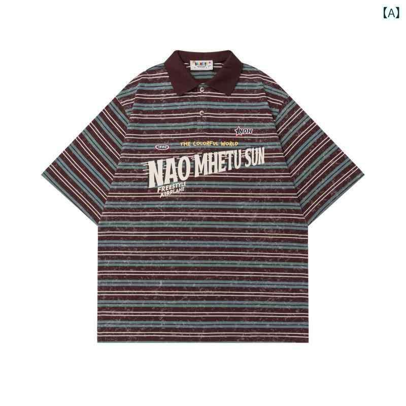 Tシャツ 男女兼用 ユニセックス カップル ペア アメリカンレトロ ロゴプリント ストライプ柄 襟付き 半袖 ゆったり ルーズフィット コットン カジュアル トップス 春夏