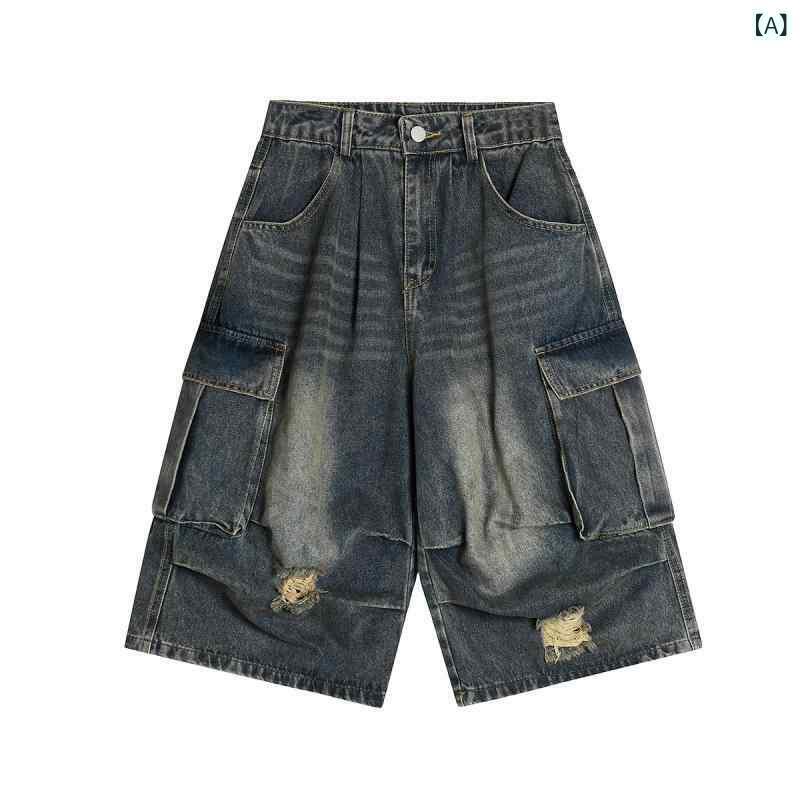 ハーフパンツ メンズ デニム アメリカンヴィンテージ ストリート ウォッシュ加工 ダメージ加工 ルーズフィット ゆったり カーゴ 五分丈 コットン カジュアル ブルー