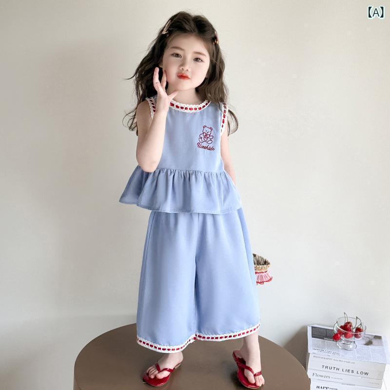 子供服 女の子 デニムベスト タンクトップ ワイドパンツ 2点セット 韓国風 薄手 接触冷感 夏 サマー ノースリーブ コットン ブルー 普段着 お出かけ
