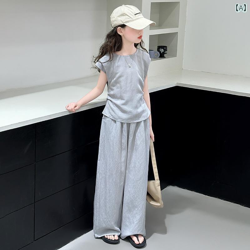 キッズ 女の子 ジュニア セットアップ 春夏 韓国風 ノースリーブ トップス ワイドパンツ 綿 薄手 上下2点セット 普段着 グレー ベージュ
