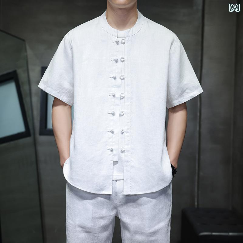 シャツ メンズ 男性 リネン 麻 半袖 ゆったり ルーズ 大きいサイズ 薄手 スタンドカラー チャイナボタン 開襟 中華風 羽織り 春夏 カジュアル 普段使い トップス