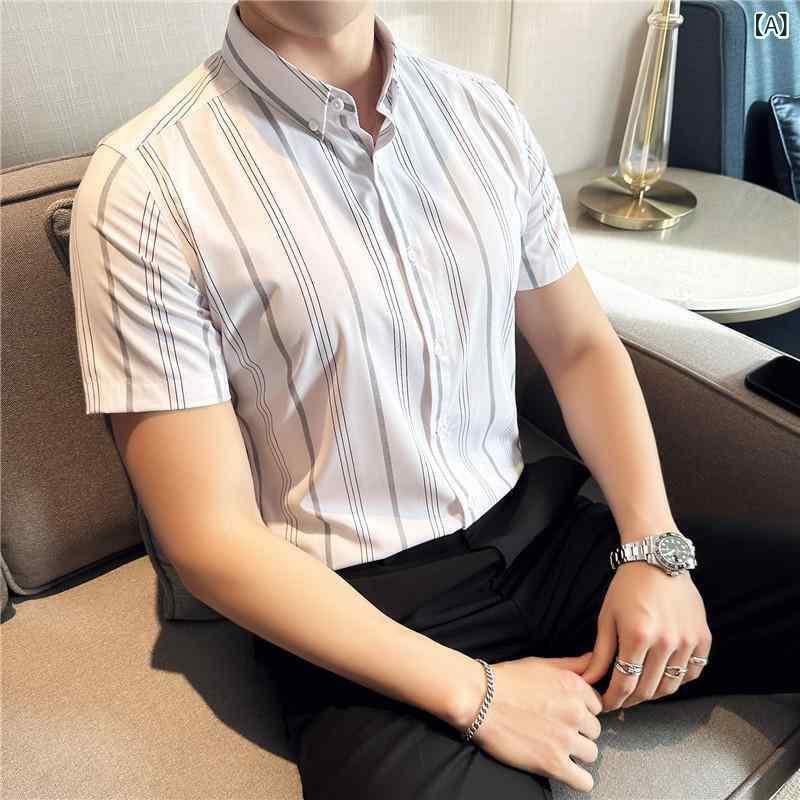 シャツ メンズ 男性用 夏 半袖 襟付き テーラードカラー ビジネス カジュアル 通勤 普段使い ドレープ 落ち感 ノーアイロン シワになりにくい ポリエステル混紡 接触冷感 トップス