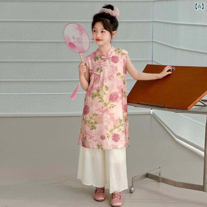 セットアップ ガールズ ジュニア 春夏 チャイナ風 2点セット 半袖 ロングパンツ 薄手 おしゃれ かわいい ファッション ピンク イエロー ポリエステル