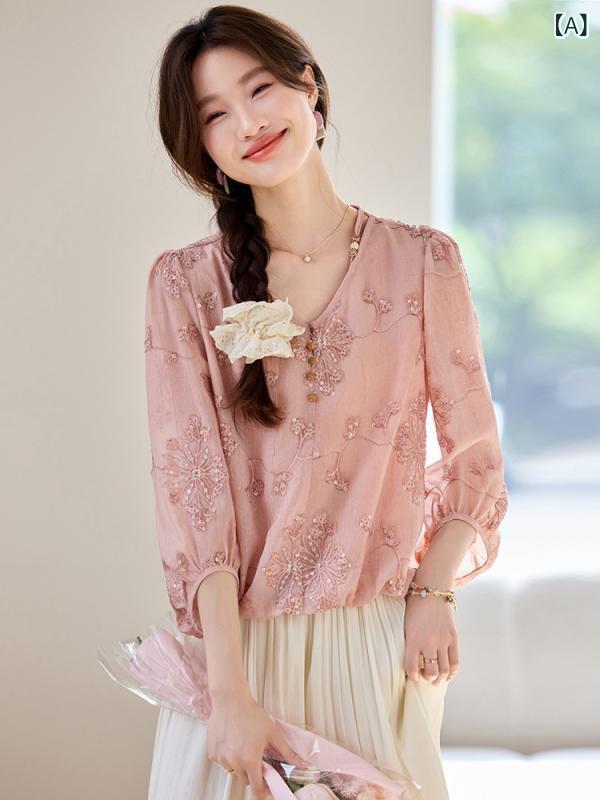 Tシャツ レディース 女性用 ゆったり ルーズフィット 体型カバー 着痩せ Vネック ランタンスリーブ バルーンスリーブ パフスリーブ 七分袖 ショート丈 スパンコール ラメ 刺繍 シフォン 上品 エレガント きれいめ カジュアル オフィス 普段使い お