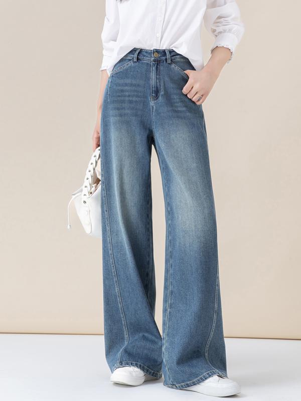 デニムパンツ レディース ワイド ハイウエスト ゆったり 細見え 落ち感 ドレープ リラックス カジュアル 柔らかなデニム コットンブレンド 伸縮性 ロング丈 デニムブルー 秋冬 5,627円