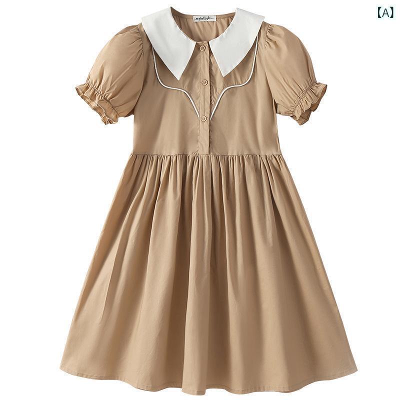 ワンピース ガールズ ジュニア 春夏 スクール風 スクエアネック 半袖 スリムフィット スウィート プリンセスドレス 綿 コットン 無地 プリーツデザイン 通学 ブラウン