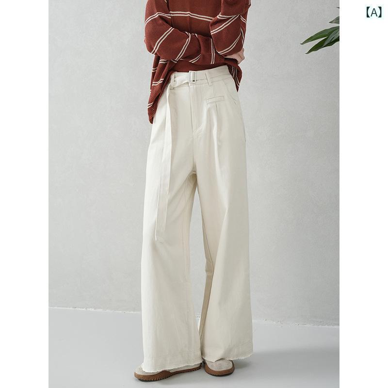 パンツ レディース ワイドパンツ 再生繊維 綿 アイボリー ハイウエスト ドレープ とろみ 細見え ロング丈 切り替え カジュアル 普段使い リラックス 秋冬