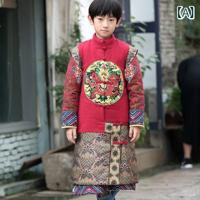 キッズ 男の子 中国風 レトロ 唐装 レッド 龍柄刺繍 ロングコート 中綿ベスト 2点セット 冬用 厚手 コットン 防寒